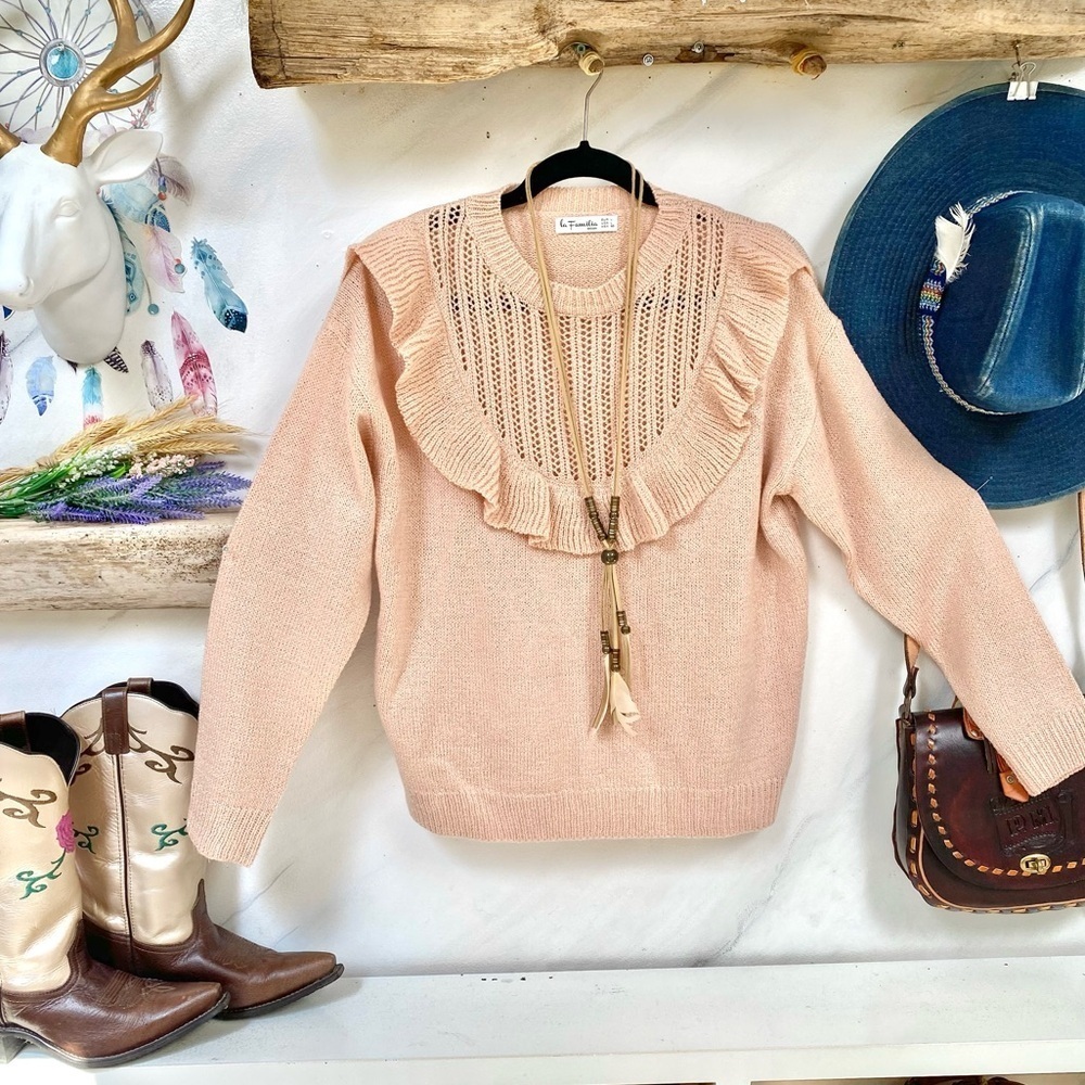 Ruffled boho knit sweater w prairie shabby chic farmhouse vibe